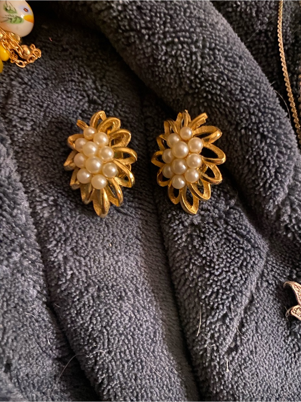 Trifari Gold-tone Floral Cluster Pearl Clip Earrings